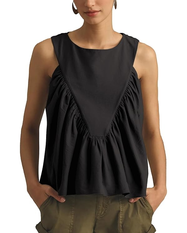 Hixiaohe Shirred Swing Tank Tops for Women Fashion Flowy Sleeveless Shirts Casual Crew Neck Blous... | Amazon (US)