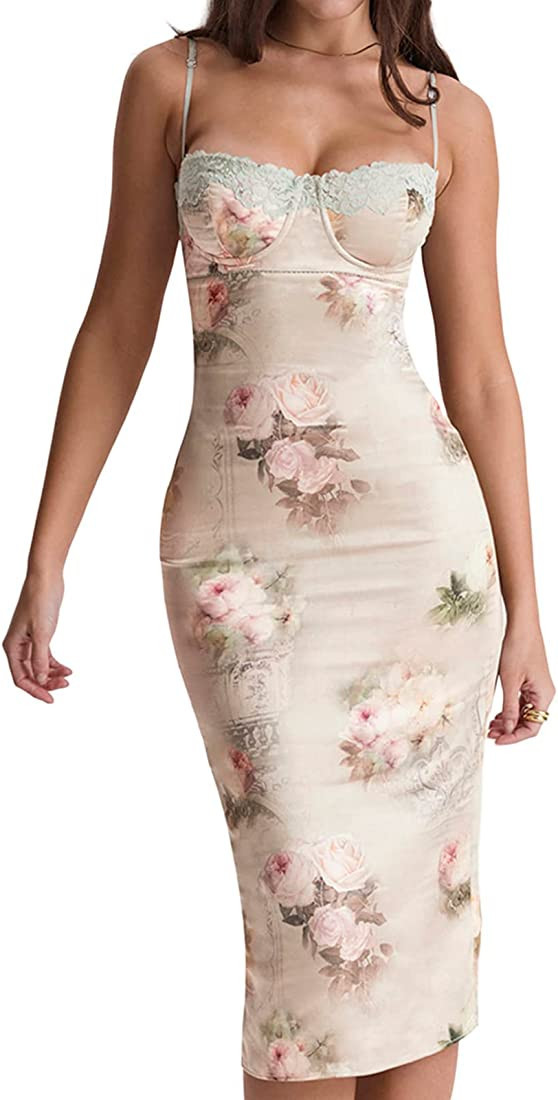 Women Vintage Spaghetti Strap Maxi Dress Sexy Bodycon Long Dress Low Cut Backless Floral Print El... | Amazon (US)