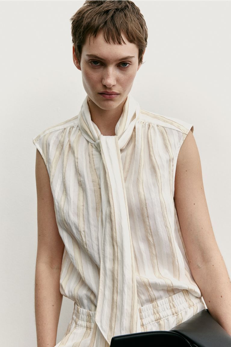 Tie-neck Blouse - White/light beige striped - Ladies | H&M US | H&M (US + CA)