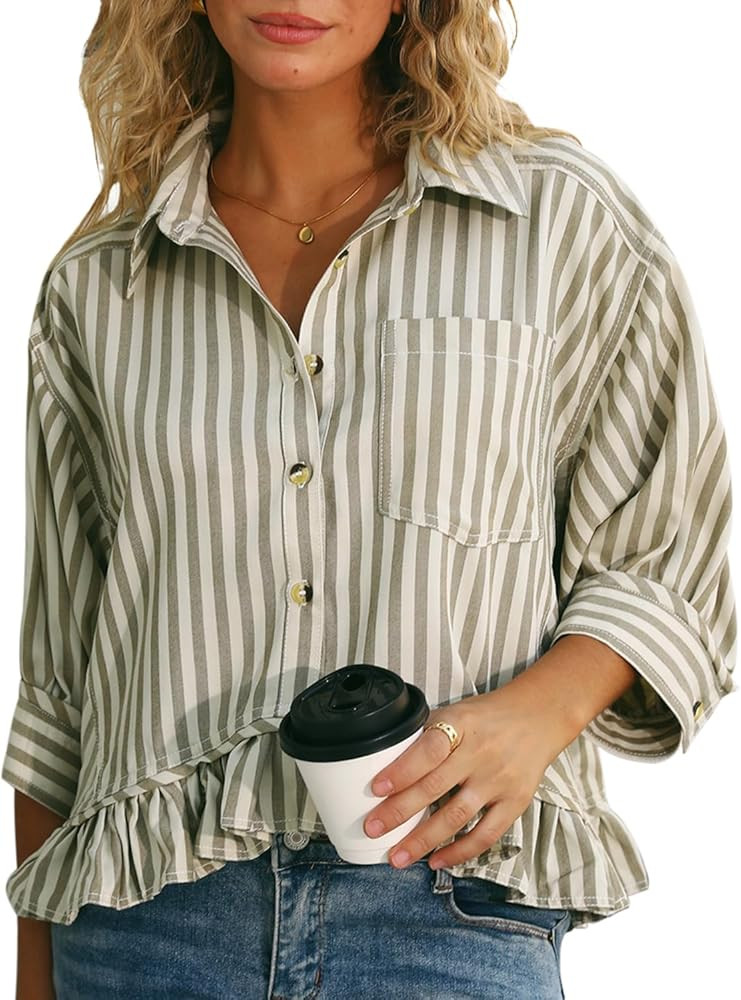CHYRII Womens Summer Tops Dressy Casual Blouse Top Ruffled Short Sleeve Button Down Striped Shirt | Amazon (US)