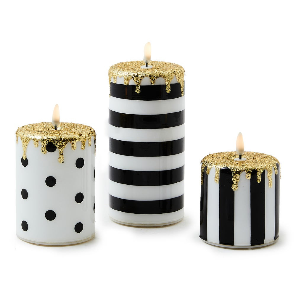 Courtly Illuminated Stripe & Dot Candles, Set of 3 | MacKenzie-Childs