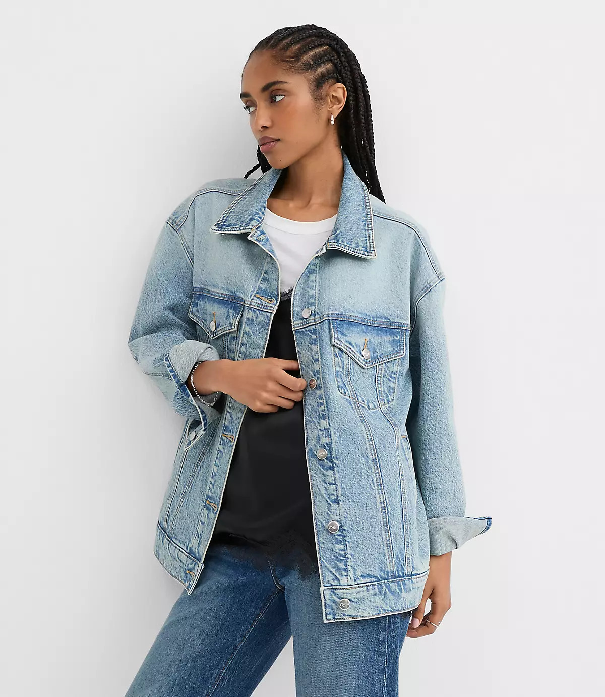 Oversized Denim Trucker Jacket in Vintage Light Indigo Wash | LOFT