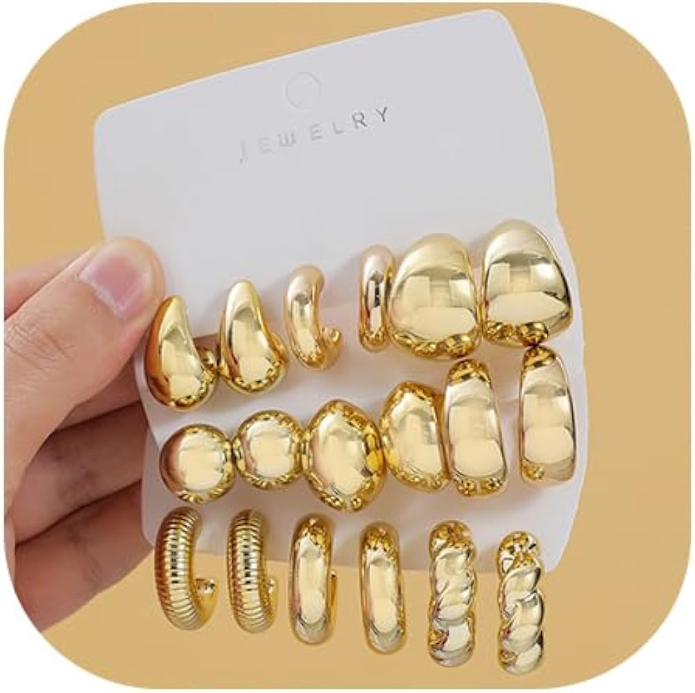 9 Pairs Chunky Gold Earrings Set for Women Trendy Lightweight Gold Plated Hoop Earrings Hypoaller... | Amazon (US)