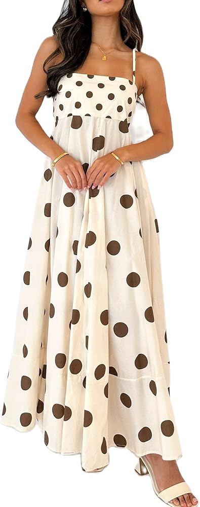 NUFIWI Women Summer Striped Maxi Dress Spaghetti Strap Cutout Ruffle Long Dress Flowy Swing Beach... | Amazon (US)