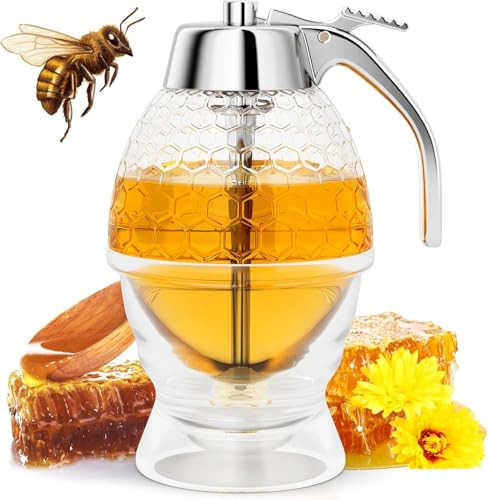 Honey Dispenser No Drip Glass 8 oz with Plastic Top, Beautiful Honeycomb Shaped Honey Jar with Stand - 6" Clear Container, Honey Pot, Maple Syrup Dispenser, Perfect Bee Decoration for Home Kitchen | Amazon (US)