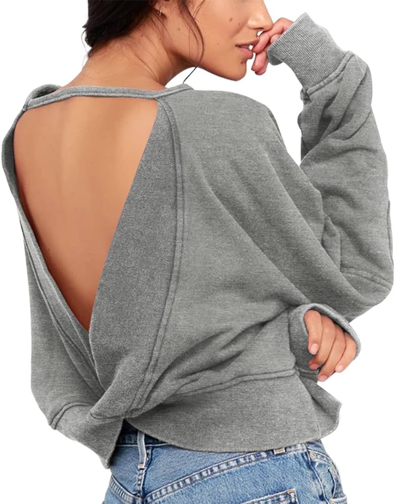 ReachMe Womens Open Back Sweatshirts Long Sleeve Backless Shirts Crop Off Shoulder Crewneck Worko... | Amazon (US)