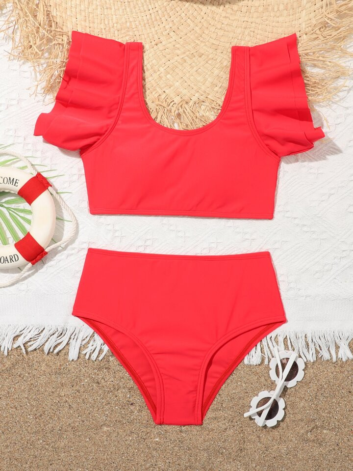 Tween Girl Plain Ruffle Trim Bikini Swimsuit | SHEIN