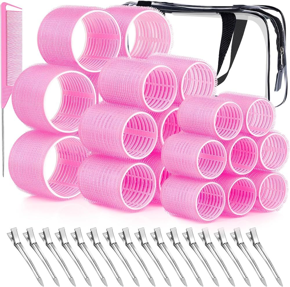Rollers Hair Curlers, AMOHEE 3 Sizes Pink Hair Rollers Set 24Pcs Heatless Curler for Long Hair Sh... | Amazon (US)