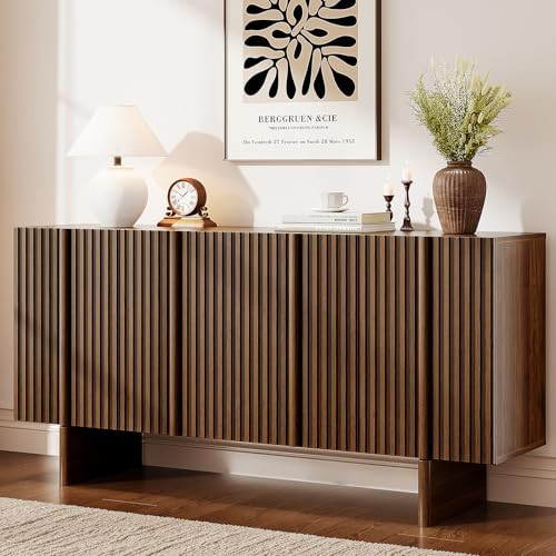 ONBRILL 63" Fluted Sideboard Buffet Cabinet with Storage, Large Sideboard Cabinet with Adjustable Shelves, Modern Credenza with 4 Doors, Kitchen Cabinets for Living Room, Entryway, Black | Amazon (US)
