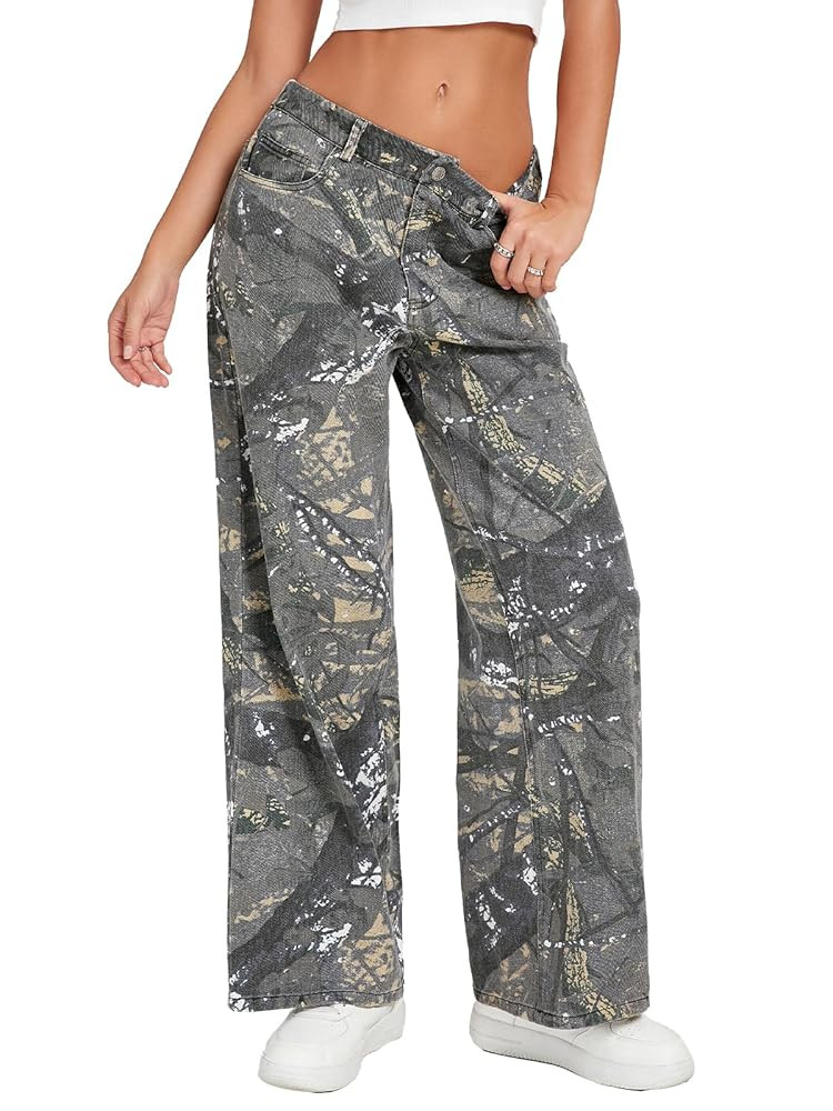 Baggy Camo Pants Women Mid Rise Wide Leg Camouflage Jeans Elastic Waist Army Fatigue Denim Sweatp... | Amazon (US)