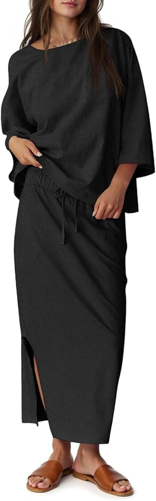 Tankaneo Womens 2 Piece Skirt Sets Oversized 3/4 Sleeve Top and Maxi Skirt Fall Matching Outfits ... | Amazon (US)