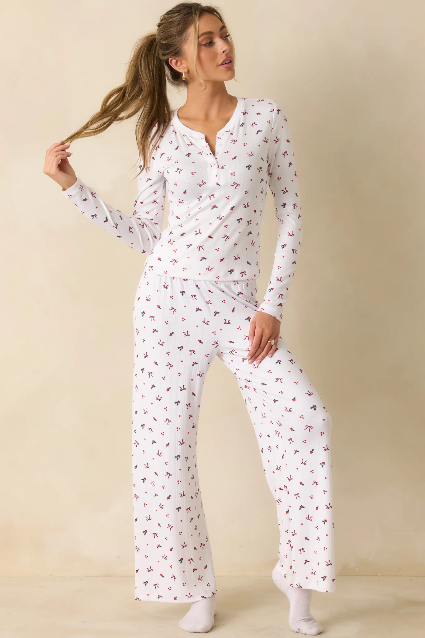 Z Supply White Multi Holly Pointelle Long Sleeve Pajama Top | Red Dress