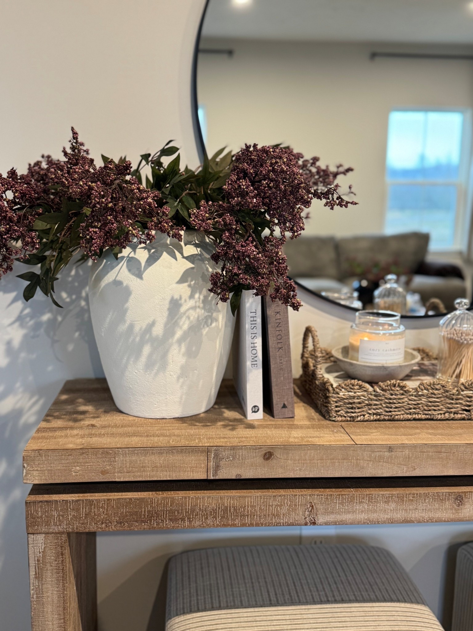 Berry stems, console table, vase, round mirror, candle bowl, wood console table  

#LTKSeasonal #LTKHome #LTKSaleAlert