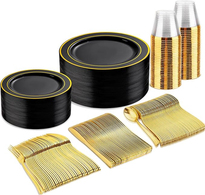 bUCLA 150 Pieces Black and Gold Disposable Dinnerware Set - 25 Guests Black Gold Plastic Plates I... | Amazon (US)