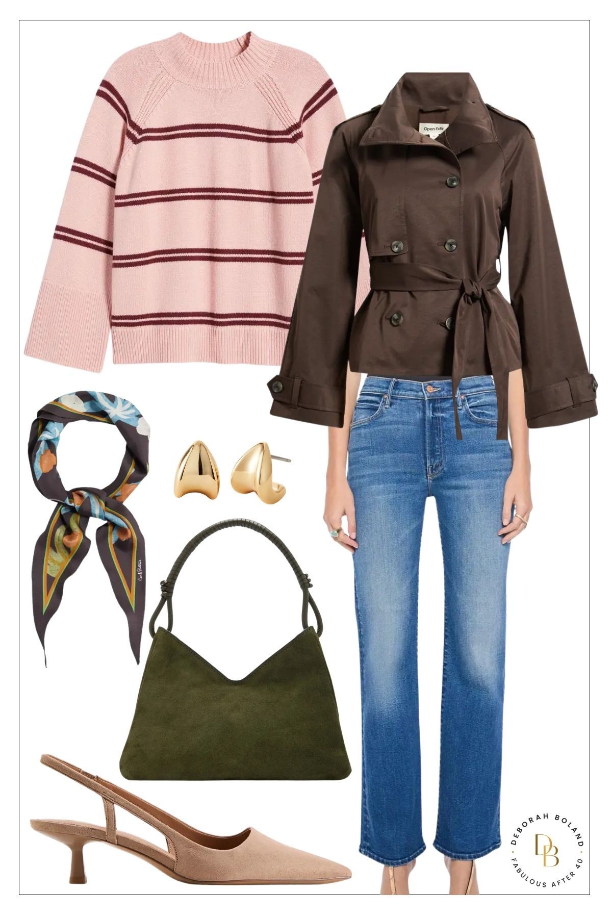I’m loving this cozy-meets-polished fall look 🤎✨ This pink and burgundy striped bell sleeve sweater adds the prettiest pop of color, especially paired with classic denim, a cropped trench, and those chic slingbacks.

The olive suede handbag and patterned neck scarf are the little details that make the whole outfit feel so effortlessly put together. 🍂

#LTKSaleAlert #LTKOver40 #LTKSeasonal