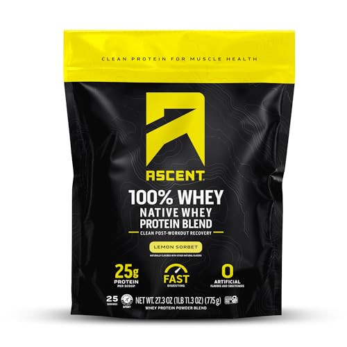 Ascent 100% Whey Protein Powder - Post Workout Whey Protein Isolate, Zero Artificial Flavors & Sweeteners, Gluten Free, 5.5g BCAA, 2.6g Leucine, Essential Amino Acids, Lemon Sorbet 1.7 lb | Amazon (US)