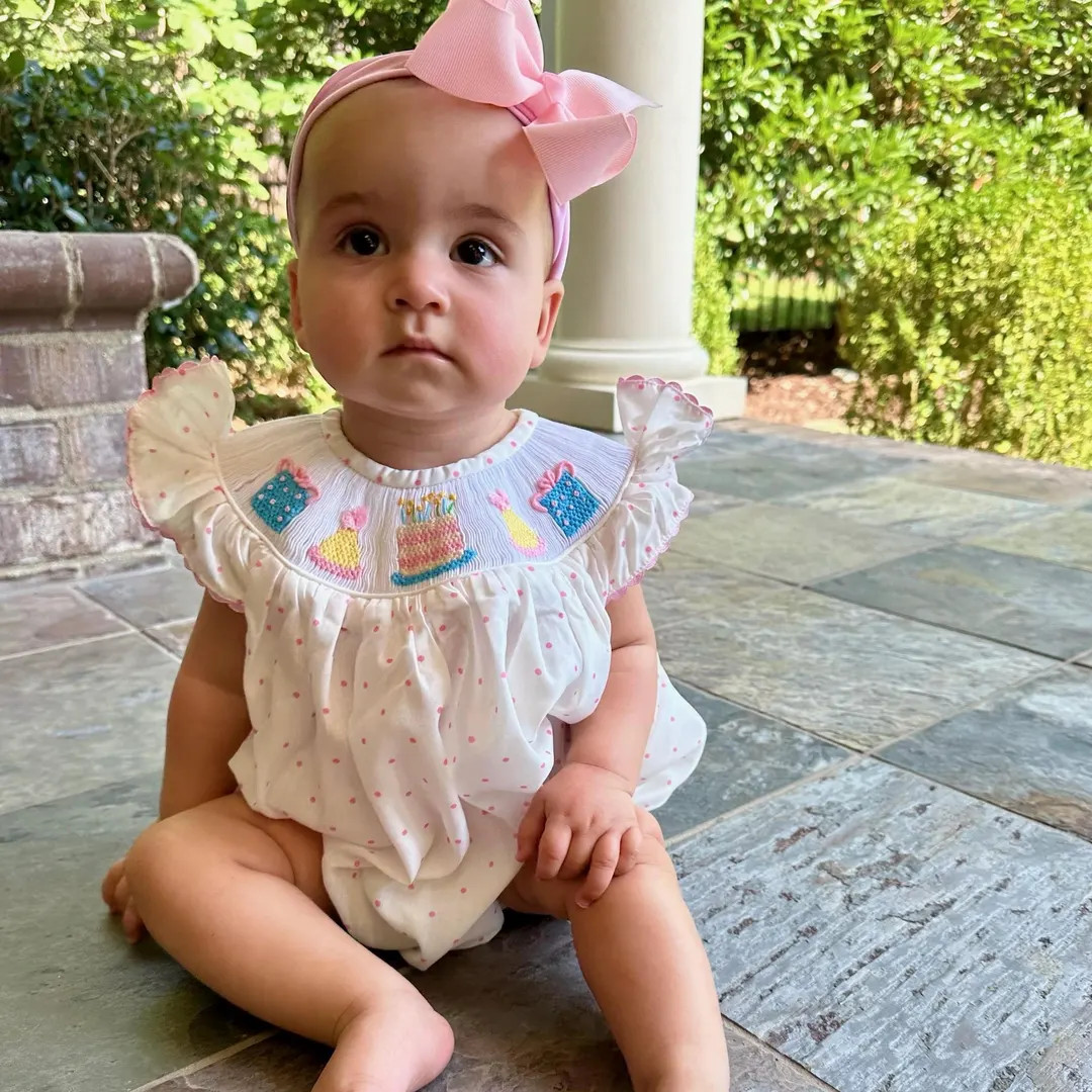 Smocked Birthday Bubble Romper in Polka Dots & Flutter Sleeves Birthday Party Outfit, Baby Girl, ... | Etsy (US)