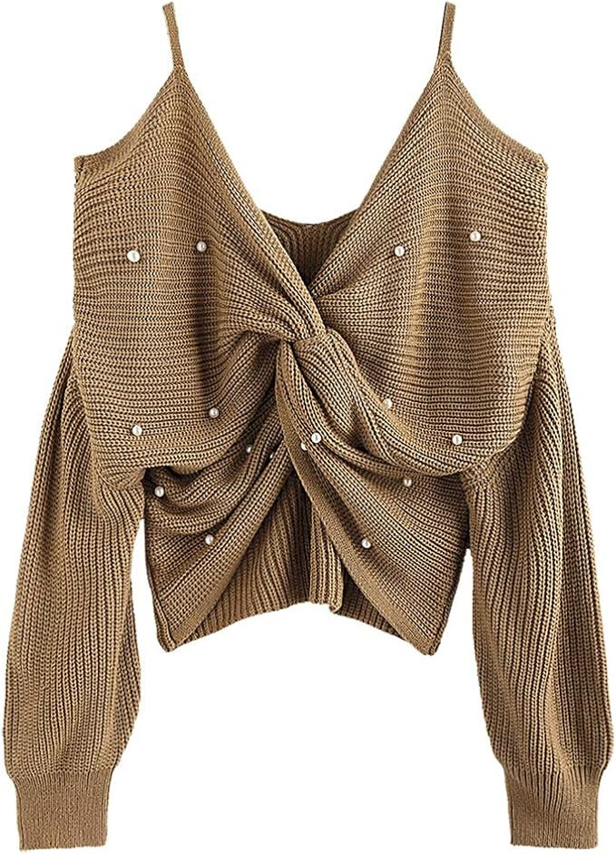 ZAFUL Women's V-Neck Criss Cross Twisted Back Pullover Knitted Sweater Jumper Crop Tops | Amazon (US)