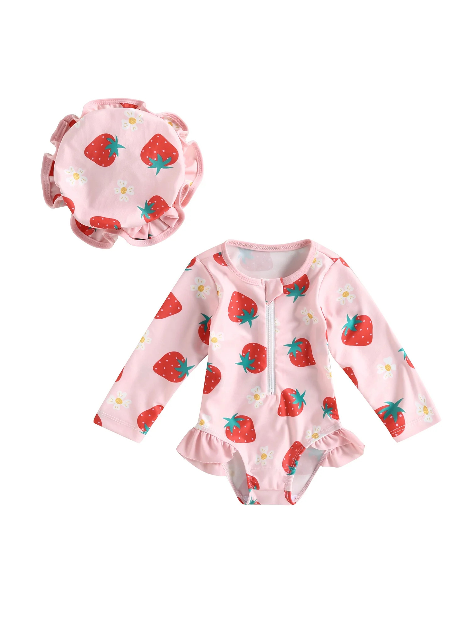 Bagilaanoe Toddler Baby Girl One-Piece Swimsuit Strawberry Print Long Sleeve Zipper Rashguard Swi... | Walmart (US)