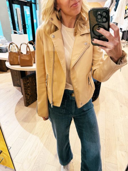 Spring outdoor event look: love this neutral moto style leather jacket. Pair with a similar tone too or a white tee and jeans! Runs tts- Gretchen in a small. Jeans also a favorite and linked. Size down one in the jeans : ) 

#LTKover40 #LTKstyletip #LTKSeasonal