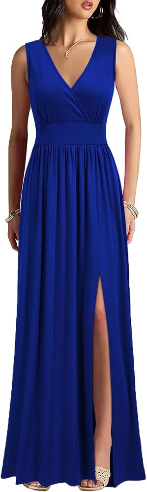 WOOSEA Women Sleeveless Deep V Neck Split Loose Sexy Plain Long Maxi Casual Dress | Amazon (US)