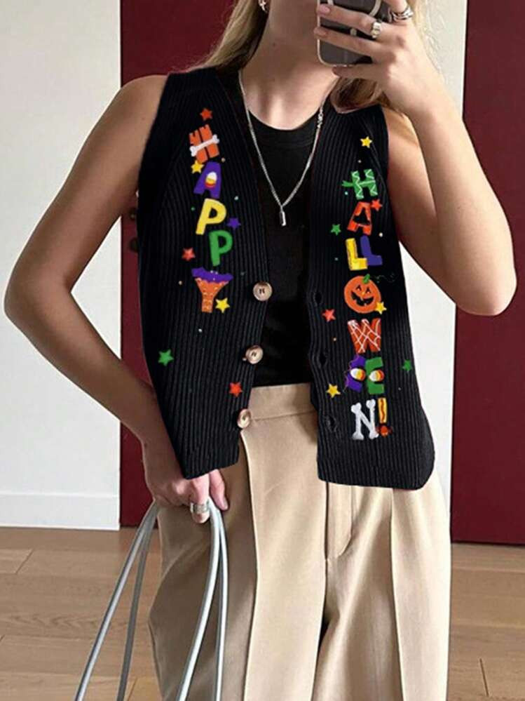 Womens Halloween Sweater Vest Pumpkin V Neck Sleeveless Button Down Knitted Cardigan Casual Stree... | SHEIN