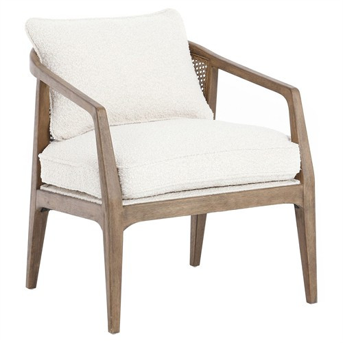 Pace Mid Century White Performance Brown Wood Frame Occasional Arm Chair | Kathy Kuo Home