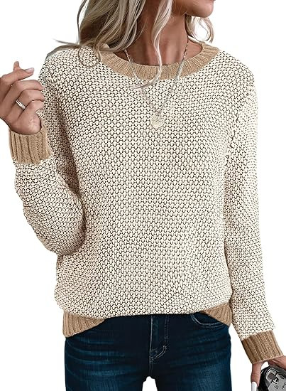 Sidefeel Women's Long Sleeve Pullover Sweaters Casual Crewneck Chunky Knit Color Block Jumper Top... | Amazon (US)
