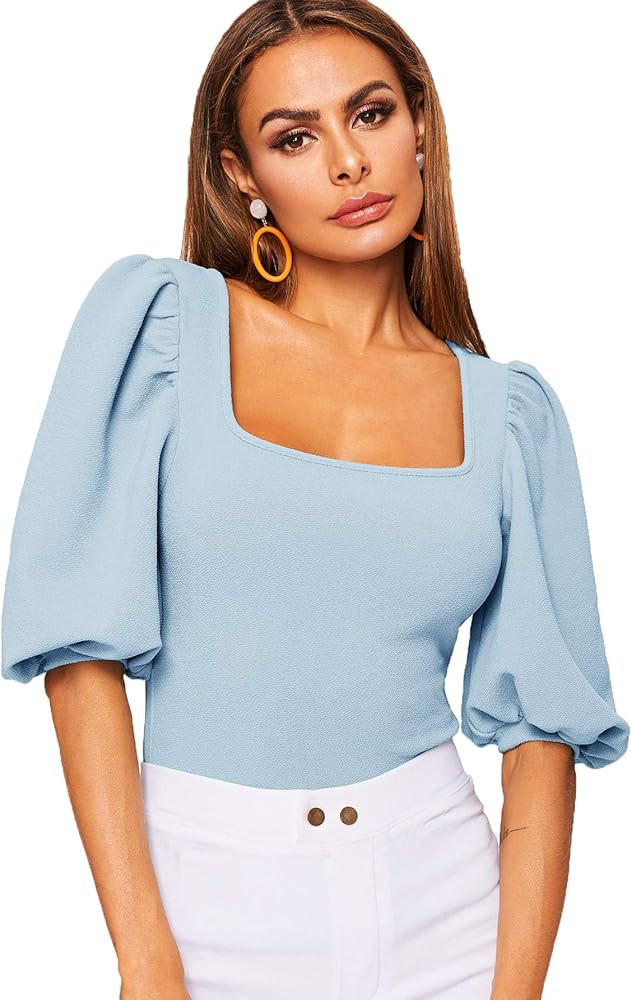 Romwe Women's Casual Puff Sleeve Square Neck Slim Fit Crop Tee Tops | Amazon (US)