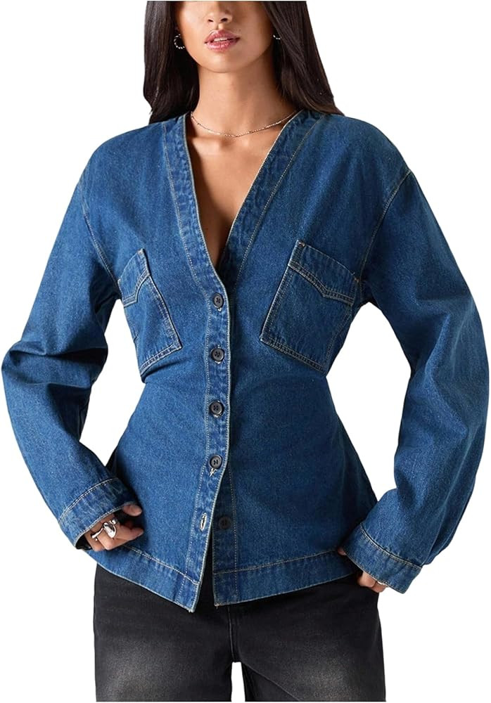 WDIRARA Women's V Neck Button Down Jean Jackets Cinch Waist Long Sleeve Denim Jacket Outerwear | Amazon (US)