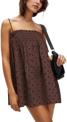 Women Polka Dot Sleeveless Square Neck Backless Spaghetti Strap Smocked Flowy Ruched Sexy Mini Ca... | Amazon (US)