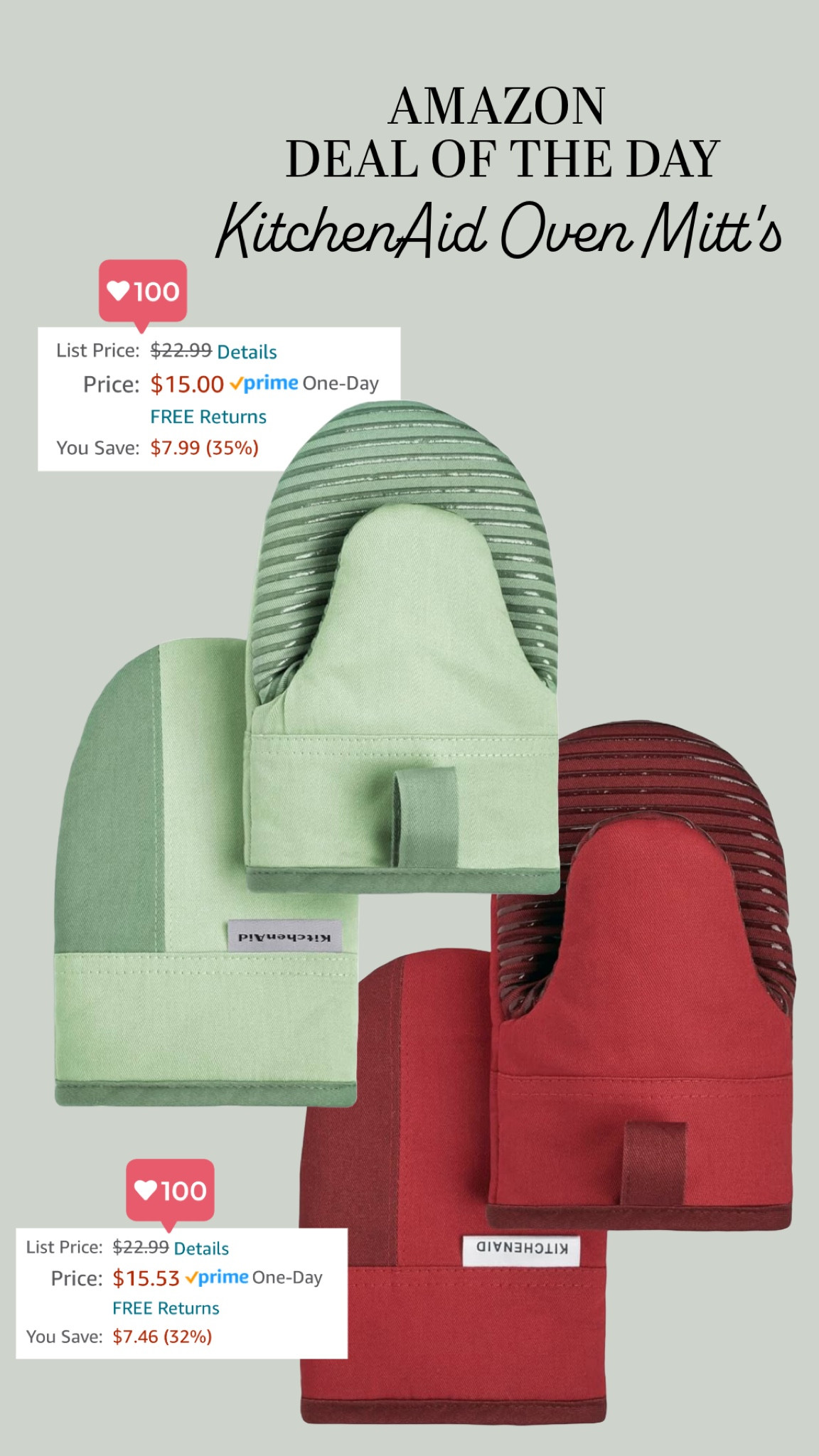 🚨 Amazon Deal of the Day: KitchenAid Oven Mitt’s!!!! 🚨

Have these in the red and I LOVE THEM!! Use them almost everyday :)

#LTKHome #LTKHoliday #LTKGiftGuide