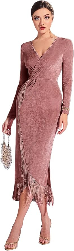 SheIn Women's Wrap Fringe Split Bodycon Midi Dress V Neck Long Sleeve Tassel Evening Dresses Pink... | Amazon (US)