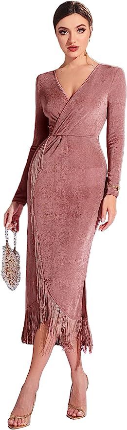 SheIn Women's Wrap Fringe Split Bodycon Midi Dress V Neck Long Sleeve Tassel Evening Dresses Pink... | Amazon (US)