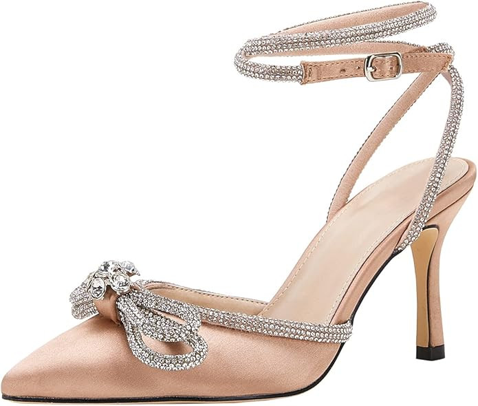Amazon.com | VETASTE Women's Double Bow Pointed Toe Ankle Strap Crystal Pumps Wedding Bridal Part... | Amazon (US)