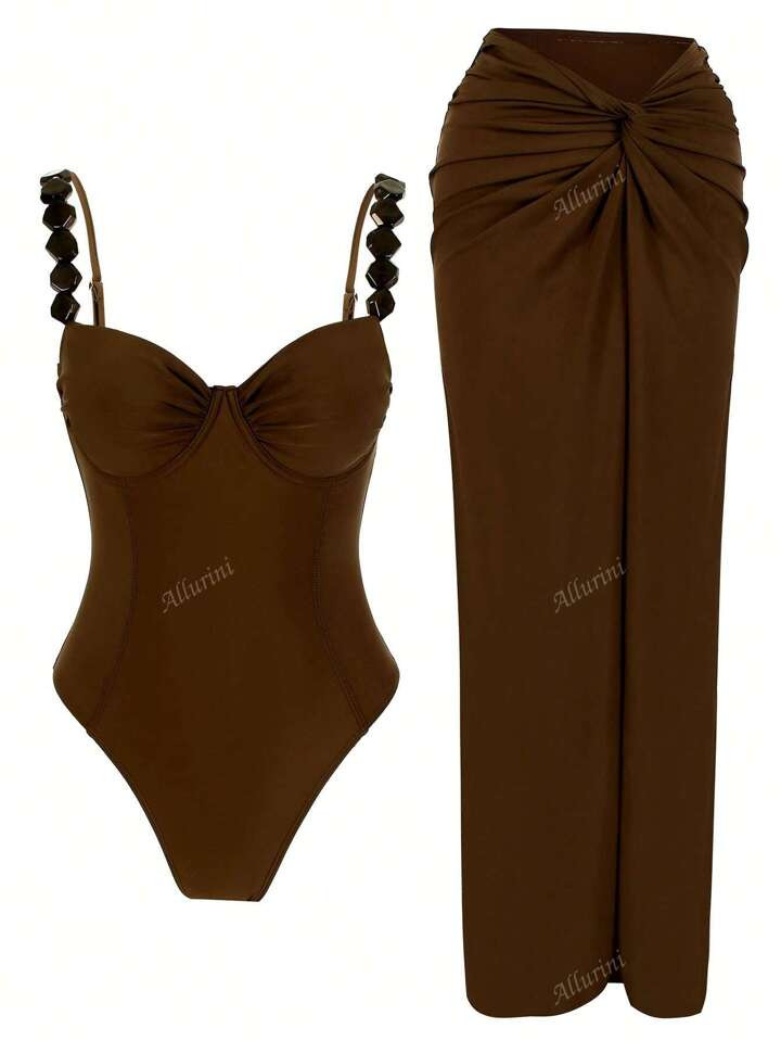 Allurini Europe & US Style Solid Color Sexy Women One-Piece Swimsuit Set | SHEIN