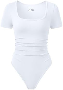 OQQ Women Bodysuits Ruched Short Sleeve Square Neck Stretch Lounge Travel Bodysuits | Amazon (US)
