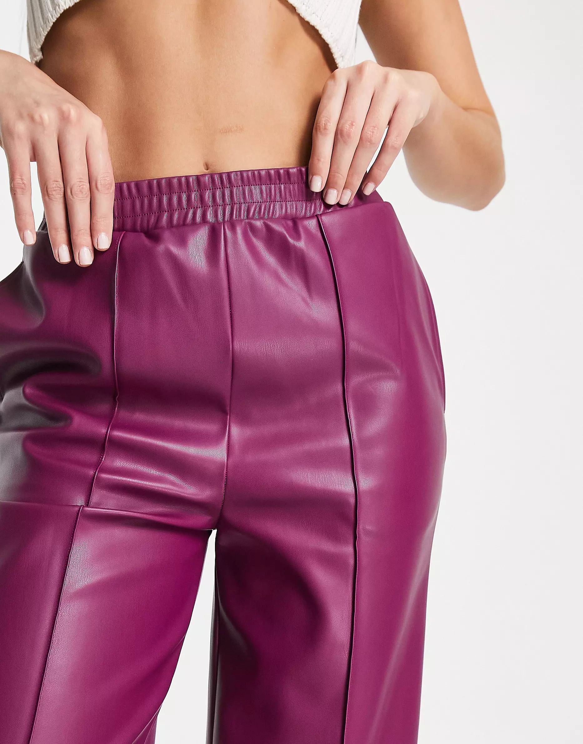 ASOS DESIGN Tall straight faux leather jogger pants in plum | ASOS (Global)