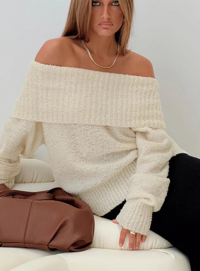 Parkley Boucle Off The Shoulder Sweater Cream | Princess Polly US