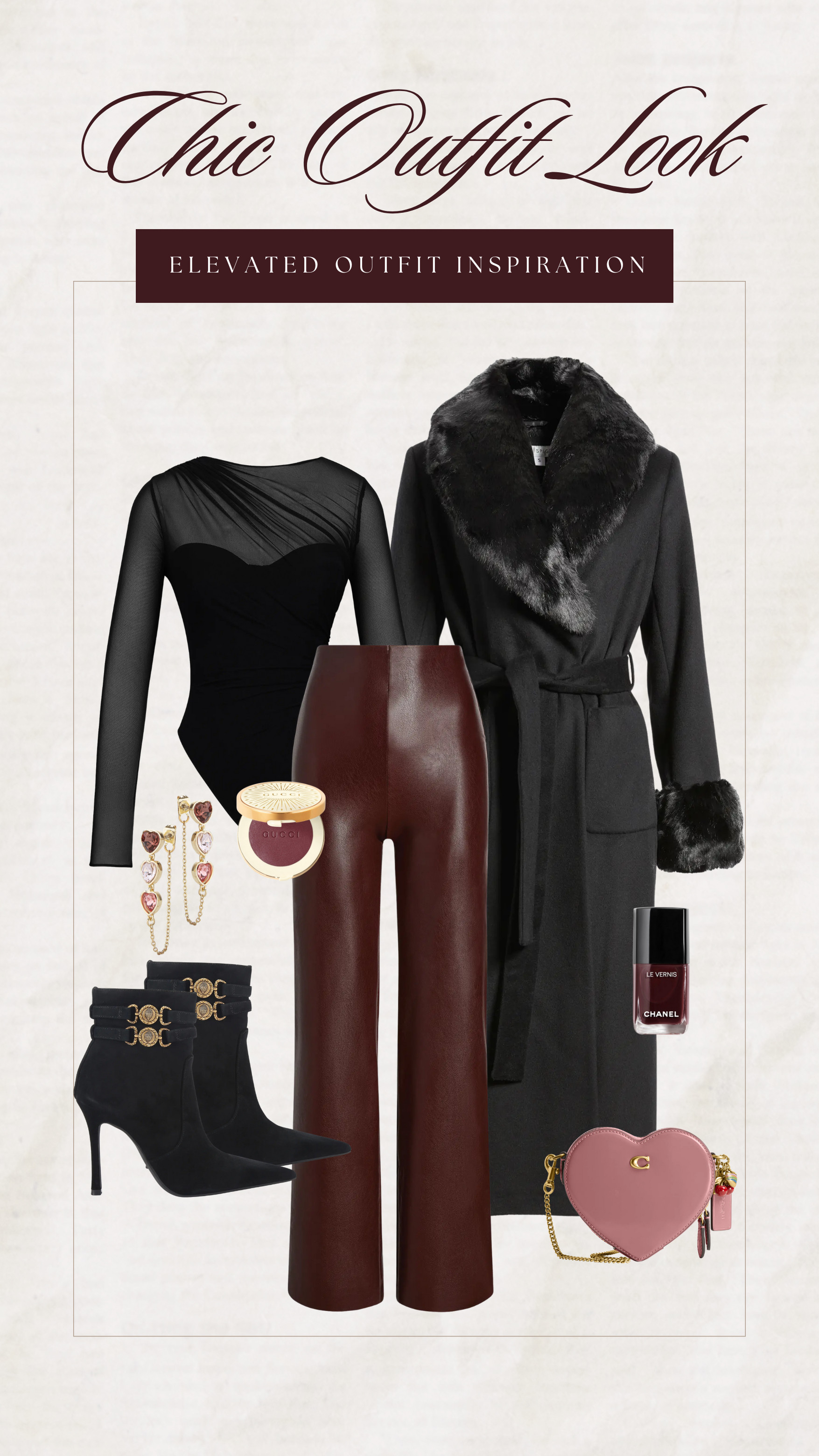 I’m obsessed with this chic elevated outfit 🖤 The black bodysuit with brown leather pants, a luxe faux fur coat, sleek ankle boots, and gold accessories makes this such a good date night outfit, women’s evening look, and elevated winter night-out outfit. 

 #LTKValentine #LTKootd #LTKSeasonal