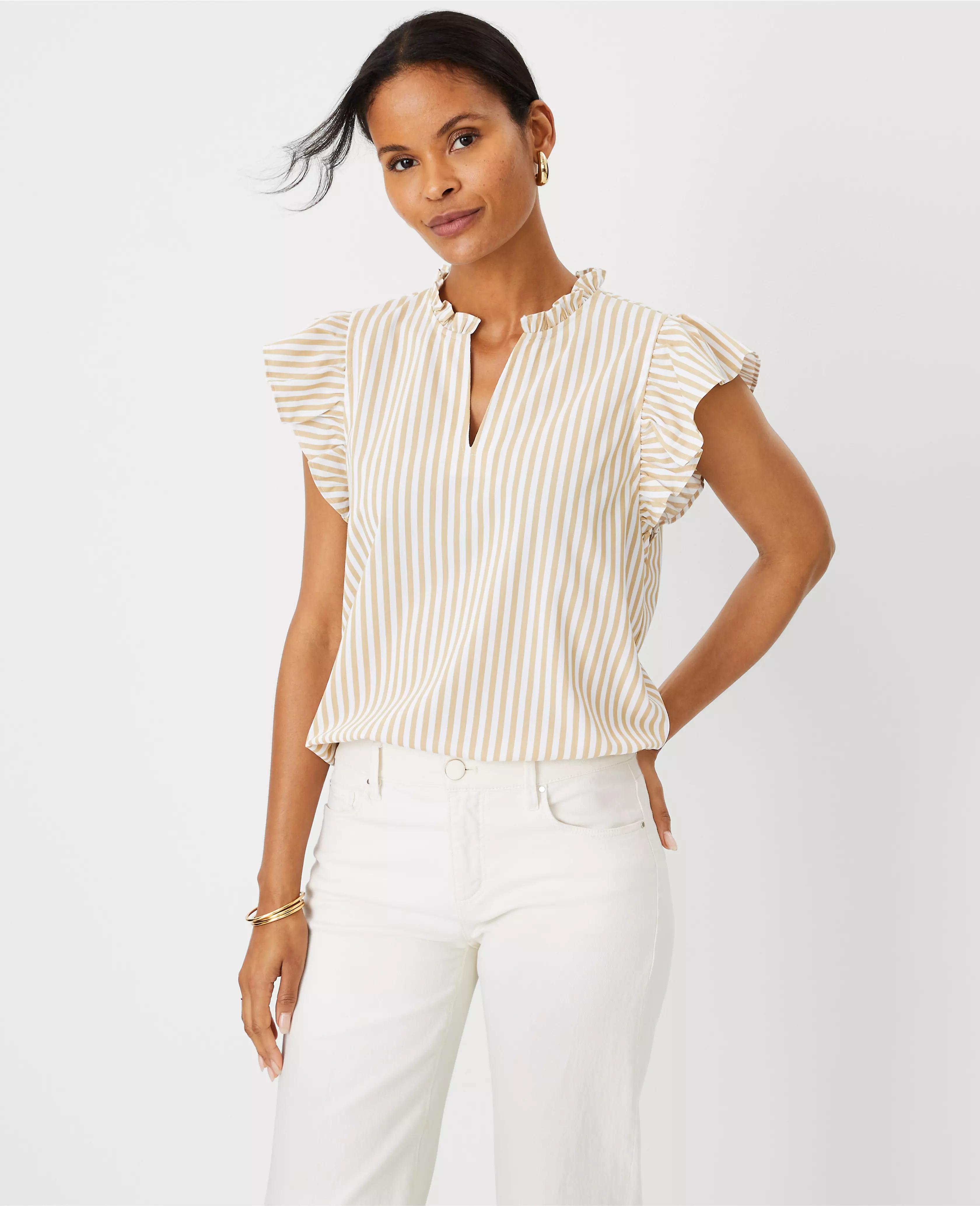 Petite Striped Ruffle Split Neck Top | Ann Taylor (US)