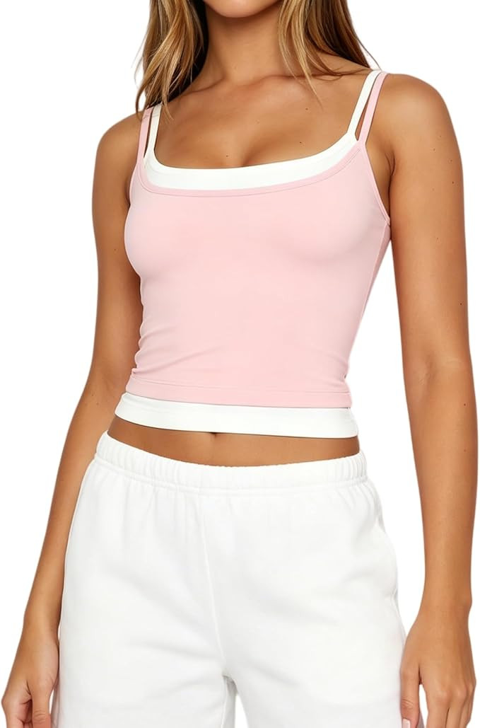 Women Double Layered Tank Tops Spaghetti Strap Yoga Workout Tops Camis Casual Going Out Cropped T... | Amazon (US)