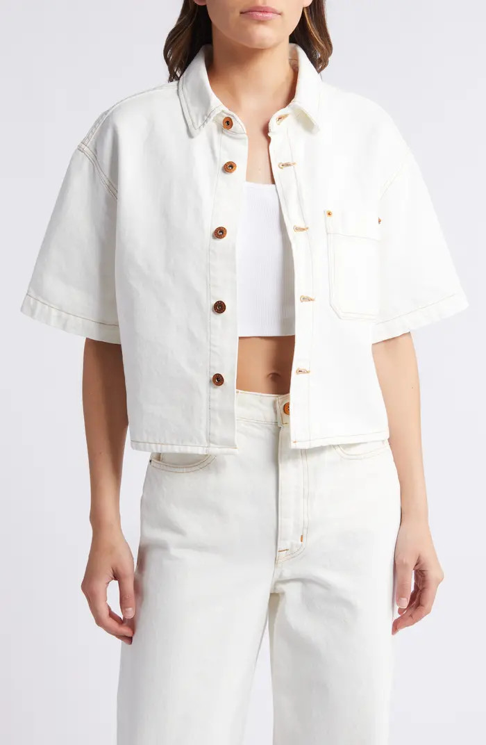 Cara Short Sleeve Denim Crop Button-Up Shirt | Nordstrom