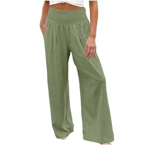 Petite Flowy Pants for Women Beach Pants for Women Elastic Waist Cotton Linen Palazzo Pant with Pockets Wide Leg Loose Summer Vacation Trousers ropa de Mujer de Verano Green S | Amazon (US)