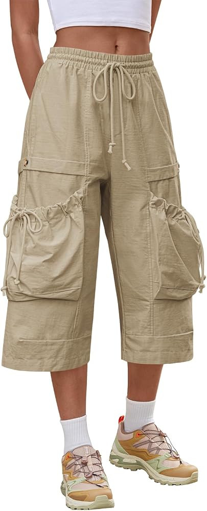 Aoysky Womens Wide Leg Cargo Capris Drawstring Elastic Waist Baggy Cropped Pants with Utility Poc... | Amazon (US)
