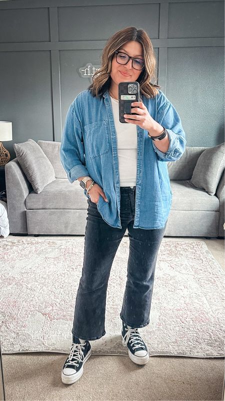 Ootd. Loft chambray tunic (L), Abercrombie essential tee (M), Madewell kick out crop jeans (31), high top platform converse  

#LTKsalealert #LTKstyletip #LTKover40