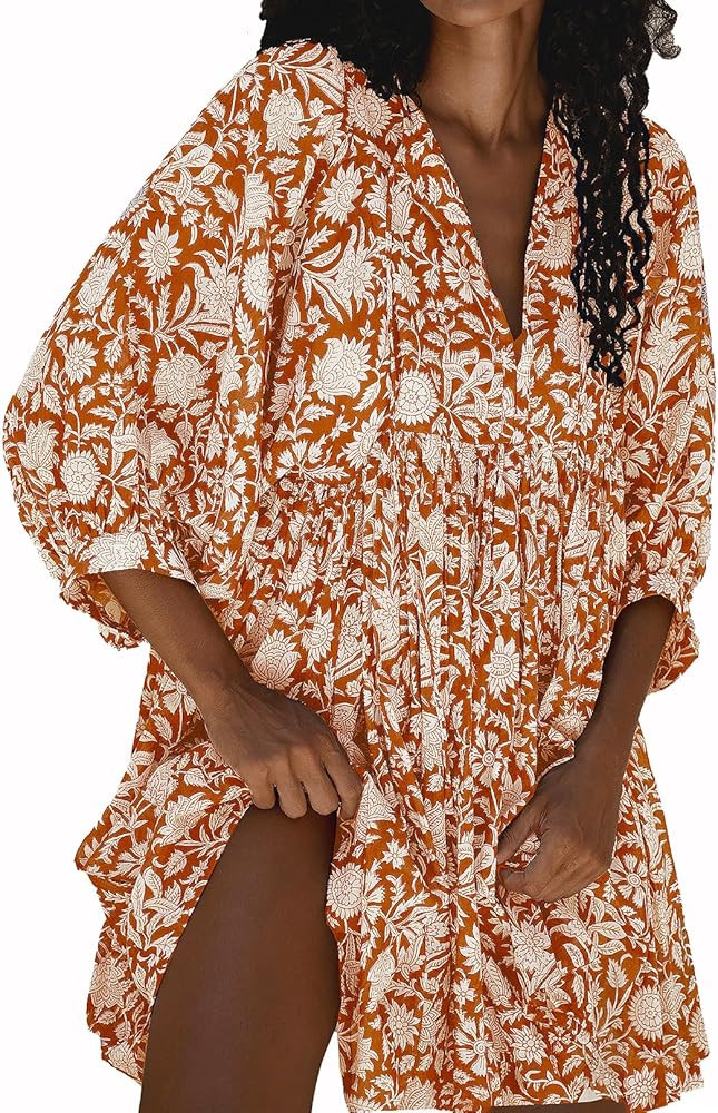 Puff Sleeve Dress for Women - Fall Beach Boho Half Open Collar Loose Midi Dress | Amazon (US)