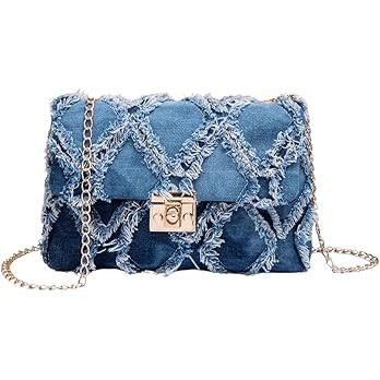 Women's Distressed Denim Crossbody Bag Twist Lock Quilted Handbag Mini Jean Purse with Chain Stra... | Amazon (US)