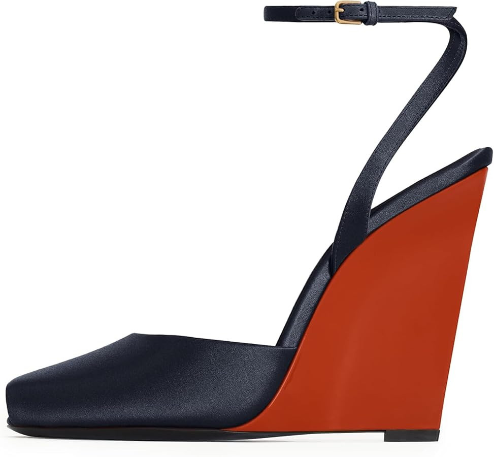 Peep Toe Wedges Sandals for Women Square Open Toe Buckle Ankle Strap Wedge Heels Patent Leather S... | Amazon (UK)