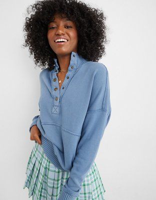 Aerie Oh Snap! Weekend Henley Mock Neck Sweatshirt | American Eagle Outfitters (US & CA)